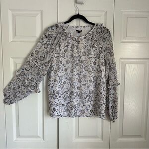 Ann Taylor Womens Puff Sleeve Semi Sheer Ruffle Floral Top Sz S Keyhole Neck
